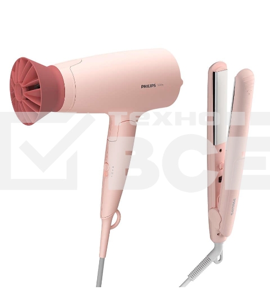 Прибор для укладки волос Philips набор фен + выпрямитель. Цвет розовый