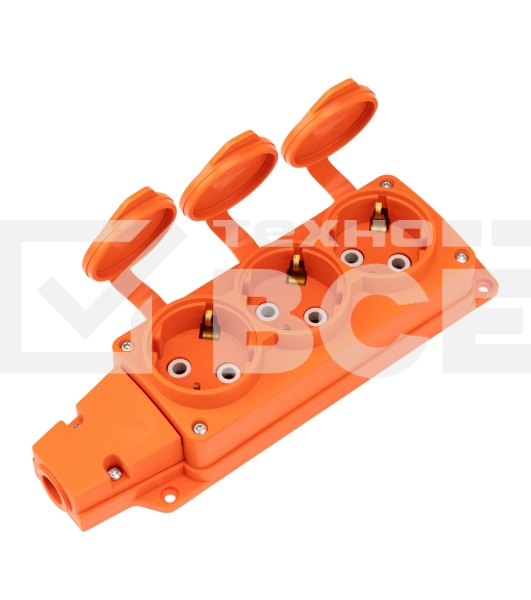 Розетка (колодка) Rexant влагозащищенная с крышкой 3 гнезда COMPACT, с/з, 16А, IP54, каучук, оранжевый