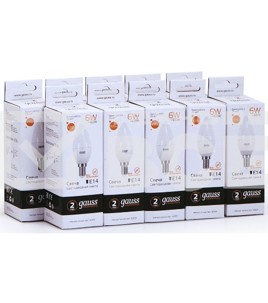 Лампа светодиодная Gauss Elementary 6Вт цок.: E14 свеча 220B 3000K св. свеч. бел. теп. C37 (упак.: 10 шт) (33116)