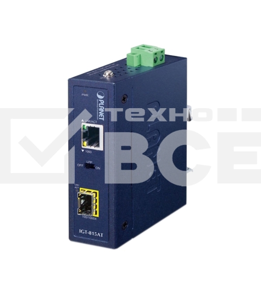 Медиаконвертор PLANET IGT-815AT IP30 Compact size Industrial 100/1000BASE-X SFP to 10/100/1000BASE-T Media Converter (-40 to 75 C, LFP Supported)