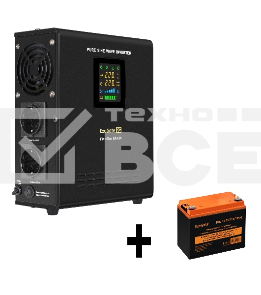 Комплект Источник бесперебойного питания EX295996RUS + батарея 33Aч EX285664RUS 1шт (инвертор, синус, для котла, настенный) ExeGate FineSine SX-800.LCD.AVR.2SH <800VA/500W, чистая синусоида, цветной LCD-дисплей, AVR, 2*Schuko, линейно-интерактивный, крепл