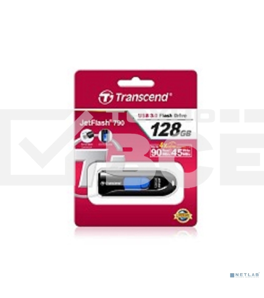 Флешка USB Transcend JetFlash 790 (TS128GJF790K), 128Gb, USB 3.0, R/W 90/40, черный/синий