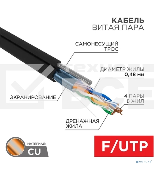Кабель витая пара PROconnect FTP 4PR 24AWG, CAT5e, наружный (OUTDOOR) + ТРОС*1 (бухта 305 м)