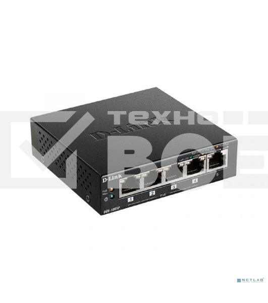 Неуправляемый коммутатор D-Link DGS-1005P/B3A с 5 портами 10/100/1000Base-T (4 порта PoE 802.3af/at, PoE-бюджет 60 Вт)
