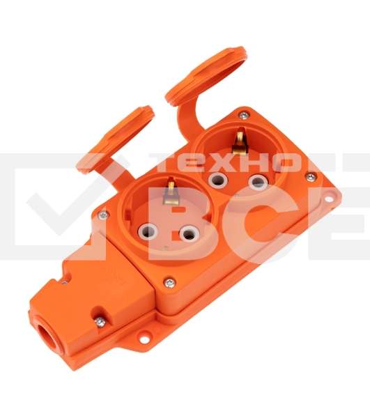 Розетка (колодка) Rexant влагозащищенная с крышкой 2 гнезда COMPACT, с/з, 16А, IP54, каучук, оранжевый