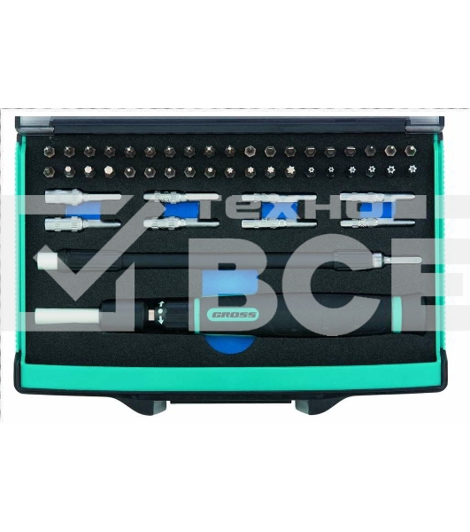 Отвертка Gross 11599 с набором бит и торцевых головок для точных работ гибкий привод. 48 штук crmo