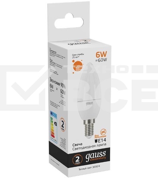 Лампа светодиодная Gauss Elementary 6Вт цок.: E14 свеча 220B 3000K св. свеч. бел. теп. C37 (упак.: 10 шт) (33116)