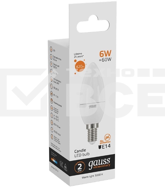 Лампа светодиодная Gauss Elementary 6Вт цок.: E14 свеча 220B 3000K св. свеч. бел. теп. C37 (упак.: 10 шт) (33116)