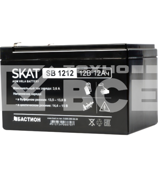 Аккумулятор SKAT SB 1212, 12В, 12Ач, максимальный ток заряда 3,6 А.
