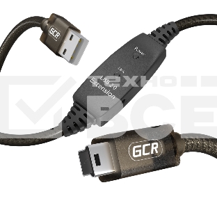 Кабель активный 15.0m USB 2.0, AM/mini 5P, черно-прозрачный, с усилителем сигнала, разъём для доп.питания, 28/24 AWG, GCR-53811