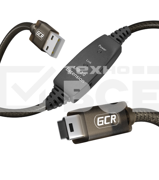 Кабель активный 15.0m USB 2.0, AM/mini 5P, черно-прозрачный, с усилителем сигнала, разъём для доп.питания, 28/24 AWG, GCR-53811