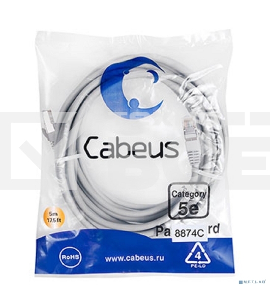 Экранированный патч-корд Cabeus, кат. 5е, экр., F/UTP, RJ45/RJ45, LSZH, AWG24, 5м, серый