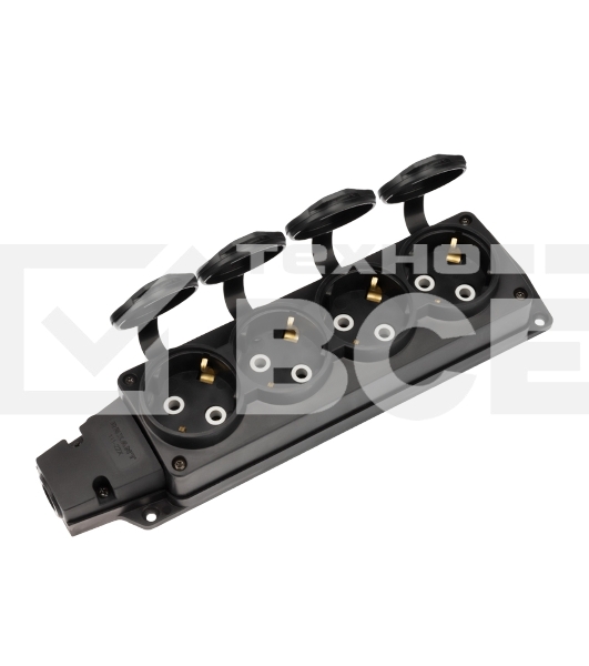 Розетка (колодка) Rexant влагозащищенная с крышкой 4 гнезда COMPACT, с/з, 16А, IP54, каучук, черный