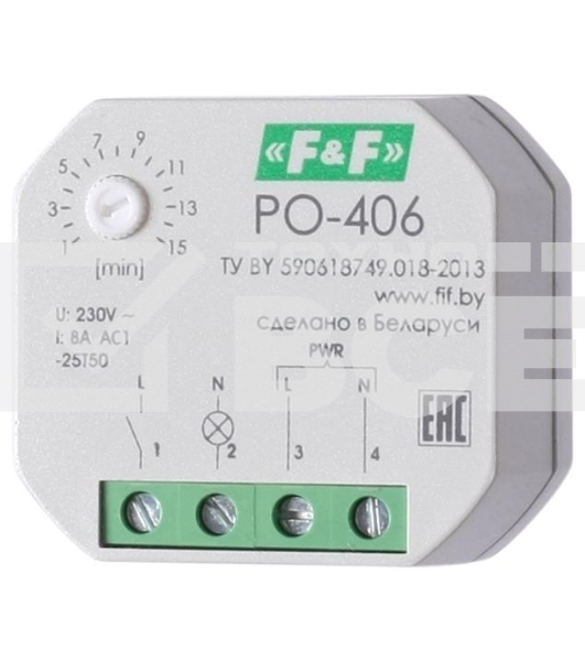 Реле времени PO-406 (задержка выкл. /управ. контактом 230В 8А 1НО IP20 монтаж в коробку d-60мм) F&F EA02.001.019