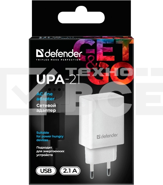 Сетевой адаптер Defender 1xUSB, 5V/2.1А , белый (UPA-21) (83571)