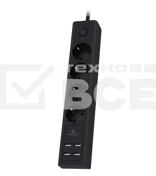Сетевой фильтр Cablexpert Exnovo, EXN-4-U4-B-2, 4р, 16А, 4хUSB, 3.4A, 2м, ур.защиты 4+, черный, коробка