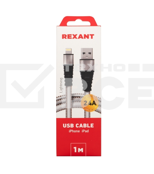 Кабель Rexant USB-Lightning 2.4 A, 1 м, белая нейлоновая оплетка