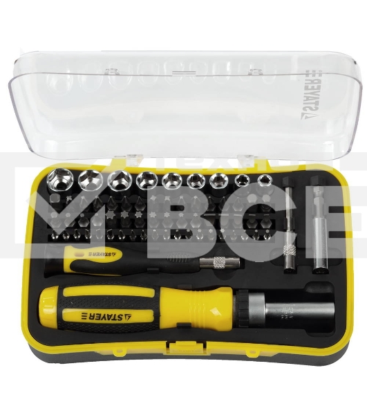 Ручной инструмент Набор STAYER Отвертка 'MASTER' реверсивная с эргономичной ручкой, с насадками, в пластмассовом боксе, 65 пред.,(25310-H65)