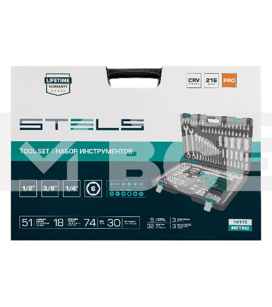 Набор инструментов STELS 141151/4'' 3/8'' 1/2'' cr-v s2 усиленный кейс 216предм.
