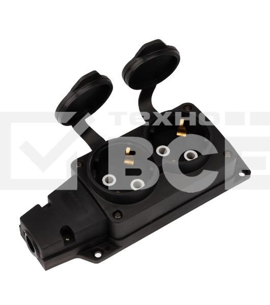 Розетка (колодка) Rexant влагозащищенная с крышкой 2 гнезда COMPACT, с/з, 16А, IP54, каучук, черный