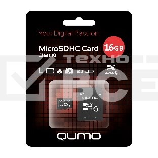 Флеш карта QUMO MicroSDHC 16GB Сlass 10 с адаптером SD, черно-красная картонная упаковка