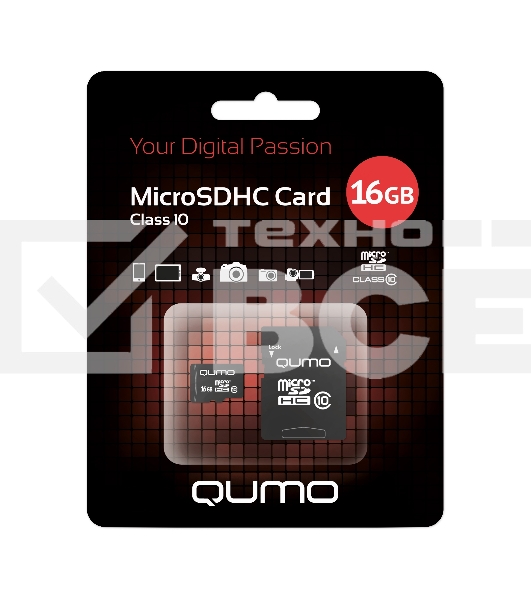 Флеш карта QUMO MicroSDHC 16GB Сlass 10 с адаптером SD, черно-красная картонная упаковка