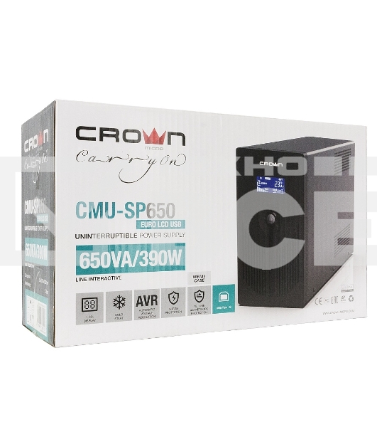 Источник бесперебойного питания CROWN Line Intractive CMU-SP650EURO LCD USB 650VA\390W, корпус металл, 1x12V/7AH, розетки 2*EURO+3*IEC, трансформатор AVR 140-290V, LCD-дисплей, съёмный кабель 1.2 м, порт RJ11/45, порт USB, защита: от перегрузки, от КЗ, от
