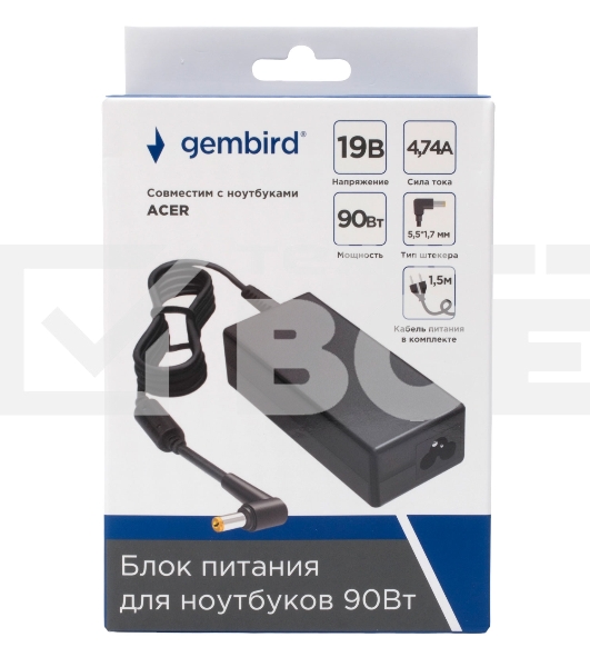 Блок питания Gembird для ноутбуков Acer 19В/4,74А, 90Вт, 1 штекер 5,5х1,7мм (NPA-AC18)