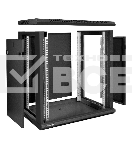 Шкаф телекоммуникационный 19' настенный 12U ExeGate EC-WM-12U.450.G.BLACK (19', 12U, 600x450x635 мм (ШхГхВ), передняя дверь закаленное стекло, съемные боковые панели, пыле- и влагозащита IP23, черный RAL 9004)