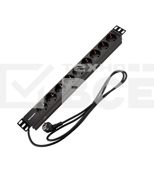 Блок распределения питания Rexant для 19' шкафов, горизонтальный, 9 розеток СЕЕ 7/4, 16A, без выкл, алюм корп, шнур 2м, вилка СЕЕ 7/7
