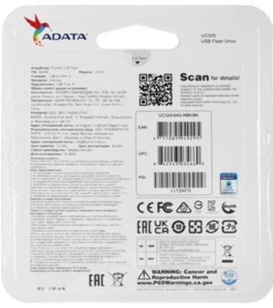 Флешка USB ADATA UC320 (UC320-64G-RBK/BK), 64Gb, USB 3.2, R/W 100/30, черный