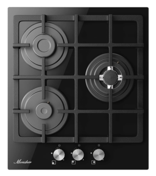 Варочная поверхность MONSHER MGG 44 Noir, High-Tech, газ, 45 см, газ-контроль, автоматический электроподжиг, чугунные решетки, форсунки под сжиженый газ, конфорки SABAF, поворотные переключатели, цвет черный