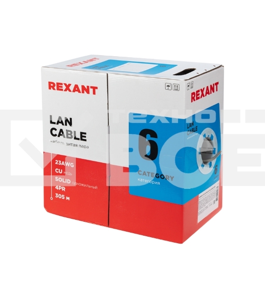 Кабель витая пара Rexant U/UTP, категория 6, ZH нг(А)-HF, 4PR, 23AWG, внутренний, серый, 305 м