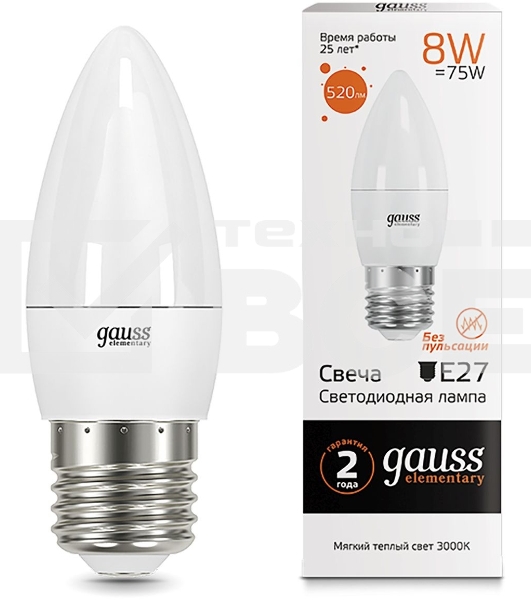 Лампа светодиодная Gauss Elementary 8Вт цок.:E27 свеча 220B 3000K св.свеч.бел.теп. C37 (упак.:10шт) (33218)