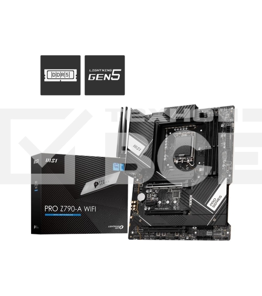 Материнская плата MSI PRO Z790-A WIFI, LGA1700, Intel Z790, 4xDDR5, 6xSATA, 4xM.2, 1xPCIe 5.0 x16, 1xPCIe 4.0 x4, 1xPCIe 3.0 x1, 1xDP, 1xHDMI, 1x2.5Gb LAN, Wi-Fi 6E, Bluetooth 5.3, 1xUSB-C 20Gbps, 3xUSB-A 10Gbps, 2xUSB-A 5Gbps, 2xUSB-A 2.0, 5x3.5 мм, 7.1,