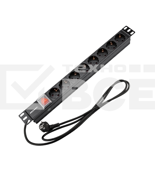 Блок распределения питания Rexant для 19' шкафов, горизонтальный, 8 розеток СЕЕ 7/4, 16A, выкл, алюм корп, шнур 2м, вилка СЕЕ 7/7