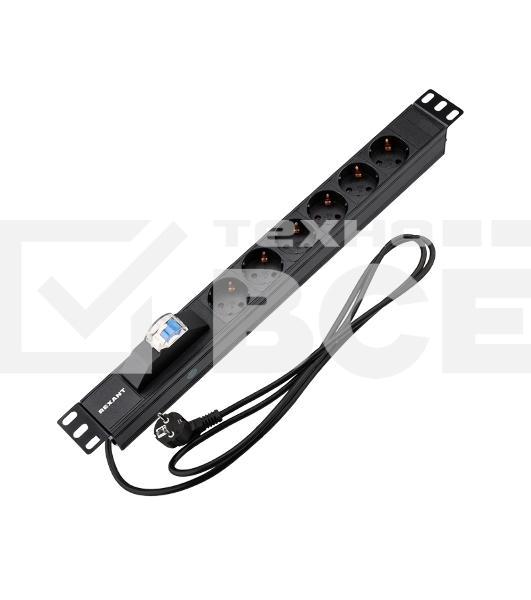 Блок распределения питания Rexant для 19' шкафов, горизонтальный, 6 розеток СЕЕ 7/4, 16A, автомат защиты, алюм корп, шнур 2м, вилка СЕЕ 7/7