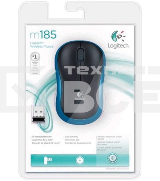 Мышь беспроводная Logitech M185 синий, 1000 dpi, радиоканал, USB, кнопки - 3
