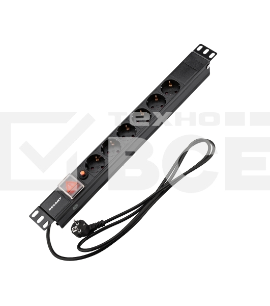 Блок распределения питания Rexant для 19' шкафов, горизонтальный, 6 розеток СЕЕ 7/4, 16A, фильтр, выкл, алюм корп, шнур 2м, вилка СЕЕ 7/7