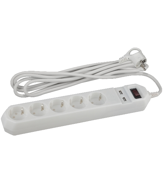 Сетевой фильтр ЭРА белый USF-5es-1.5m-USB-W  с заземл 3x0.75мм2 с выкл 5гн+2USB 1.5м