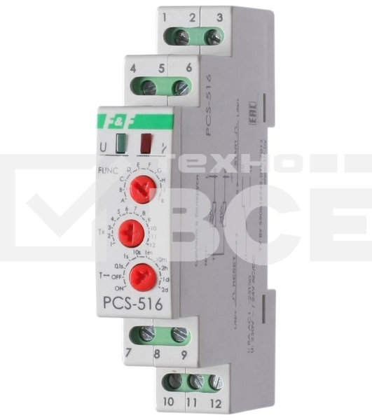 Реле времени PCS-516 (многофункц. (вход: START/RESET) 230В 8А 1перекл. IP20 монтаж на DIN-рейке)(аналог РВО-1М) F&F EA02.001.013
