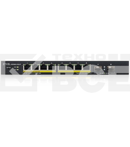Коммутатор Smart L2 PoE+ Zyxel GS1900-10HP, 8xGE PoE+, 2xSFP, настольный, бесшумный, бюджет PoE 77 Вт