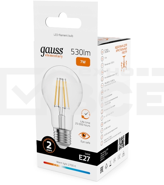 Лампа филам. Gauss Filament 7Вт цок.:E27 груша св.свеч.бел.теп. (упак.:10шт) (22217)