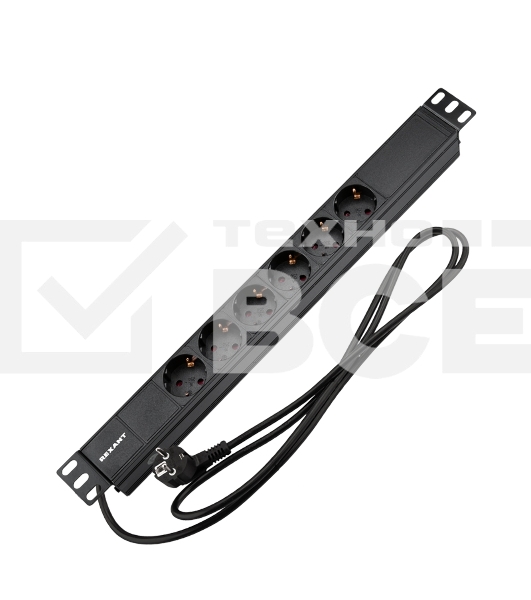 Блок распределения питания Rexant для 19' шкафов, горизонтальный, 6 розеток СЕЕ 7/4, 16A, без выкл, алюм корп, шнур 2м, вилка СЕЕ 7/7