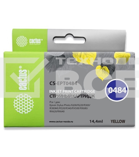 Картридж струйный Cactus CS-EPT0484 желтый (14,4 мл) для Epson Stylus Photo R200/R220/R300/R320/R340/RX500/RX600/RX620/RX640