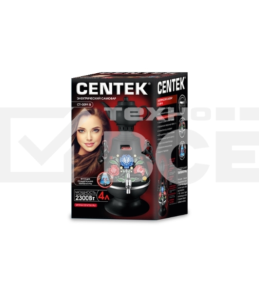 Самовар Centek CT-0091 B (черн+рисунок), 4.0л, 2300Вт, поддерж.t + LED индикатор, керам заварник