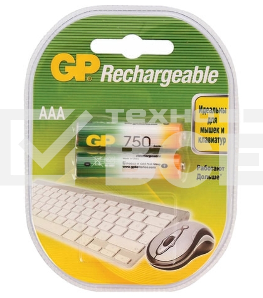 Аккумулятор GP Rechargeable NiMH 75AAAHC 750mAh, 2 шт AAA, 750мАч (2 шт. в клемшеле)