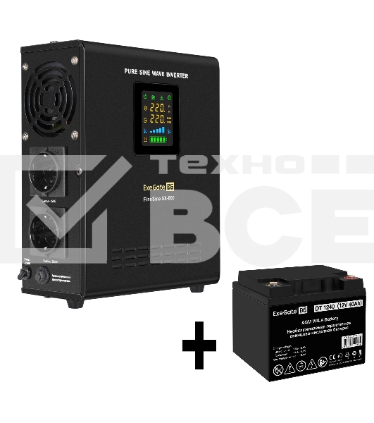 Комплект Источник бесперебойного питания EX295996RUS + батарея 40Aч EX282976RUS 1шт (инвертор, синус, для котла, настенный) ExeGate FineSine SX-800.LCD.AVR.2SH <800VA/500W, чистая синусоида, цветной LCD-дисплей, AVR, 2*Schuko, линейно-интерактивный, крепл