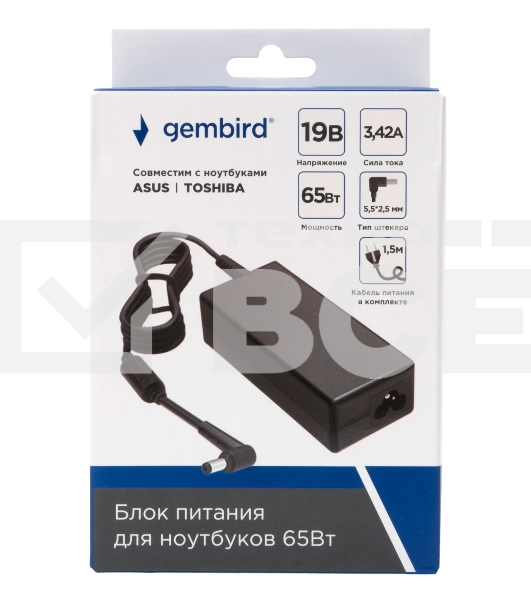 Блок питания Gembird для ноутбуков Asus, Toshiba 19В/3,42А, 65Вт, 1 штекер 5,5х2,5мм (NPA-AC19)