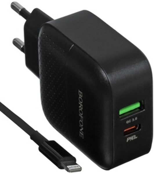 Сетевое зарядное устройство BOROFONE BA46A Premium, один порт USB, один порт Type-C, PD, 18W, 5V, 3.0A, черный